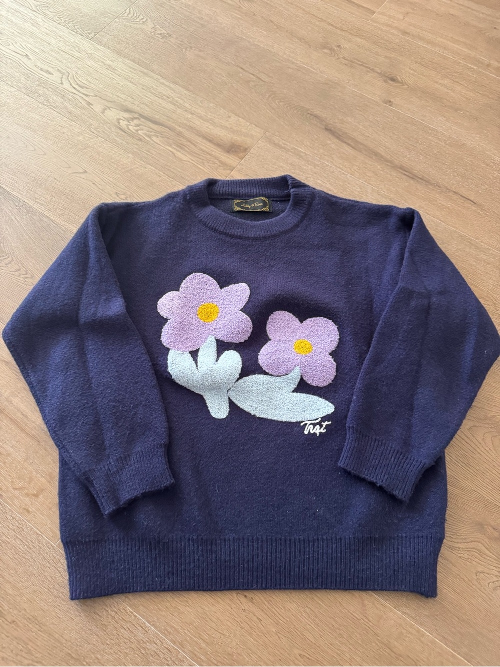 Libby & Rose Crewneck Sweater with Lavender Floral Appliqué